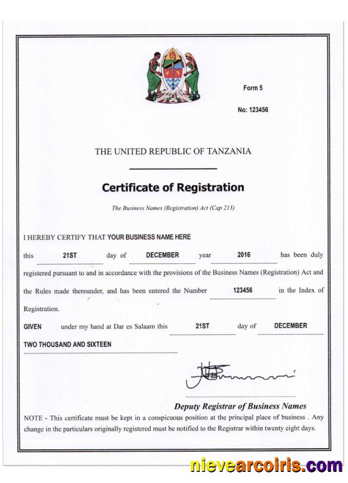 TANZANIA business reg. certificate